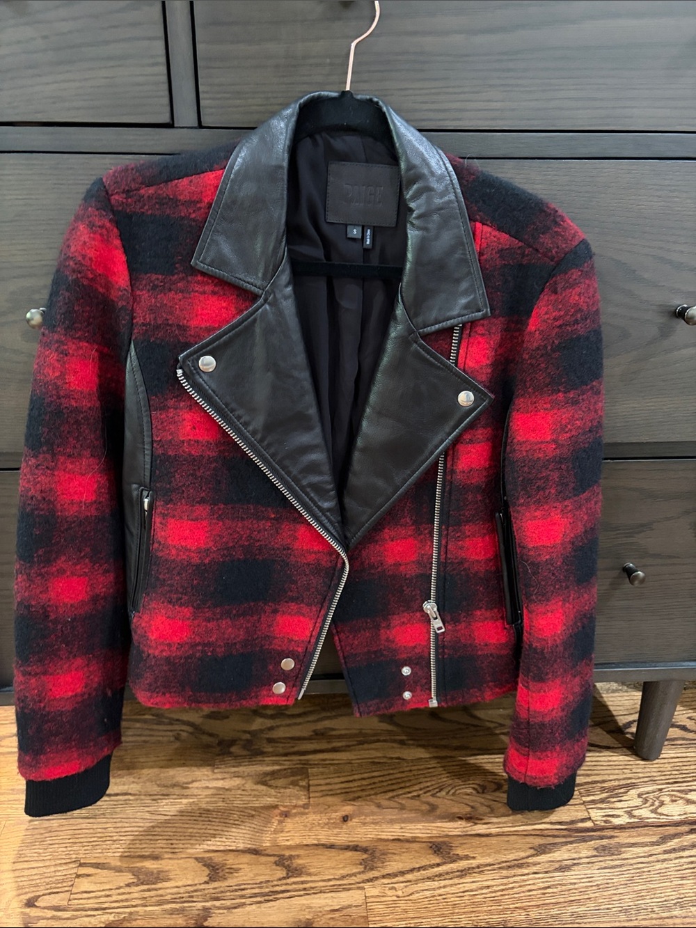 MOTHER Red & Black Plaid Wool Bomber Jacket with Leather Trim